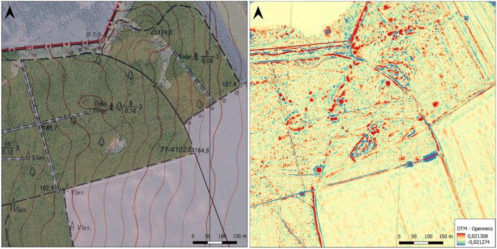 Sopron-Városi-puszta lelőhely részlete a Google műholdképpel kombinált topográfiai térképen és az ULS felmérés alapján készült domborzatmodellen (pirossal a magasabb, kékkel az alacsonyabb felszínek láthatóak; készítette: Melis Eszter)